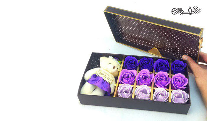 جعبه گل صابونی همراه با عروسک خرس