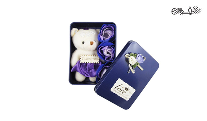 جعبه کادویی مستطیلی گل صابونی همراه با عروسک خرسی