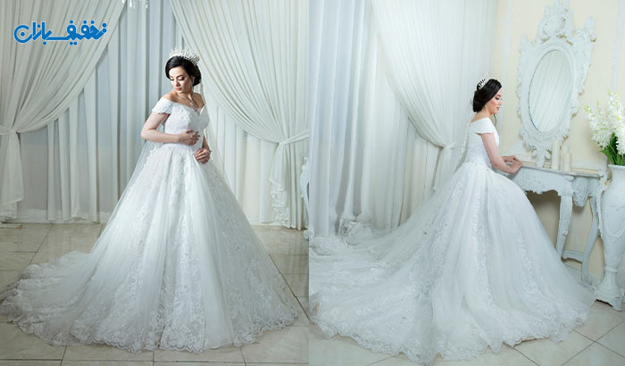 خرید لباس عروس یقه قایقی دنباله دار مگلونیا با ارزان ترین قیمت در مزون خانه سفید 