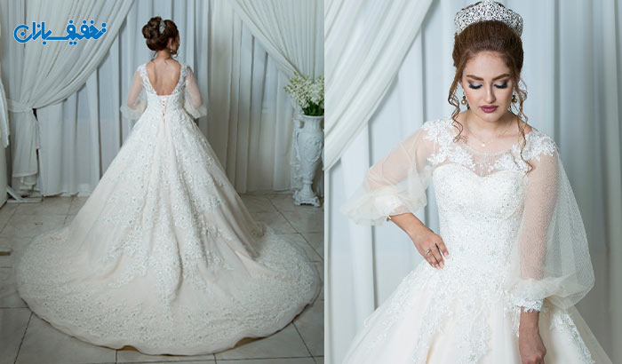 خرید لباس عروس آستین پفی دنباله دار مدل فیونا با ارزان ترین قیمت در مزون خانه سفید (White House) 