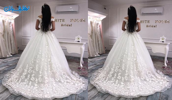 خرید لباس عروس یقه قایقی دنباله دار مدل گلپرک با ارزان ترین قیمت در مزون خانه سفید (White House) 