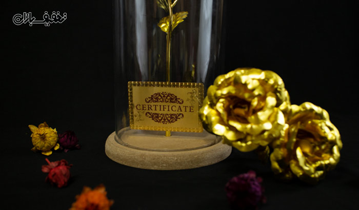 پکیج کادویی شاخه گل رز طلا با قاب شیشه ای و پایه چوبی
